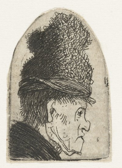 perfil, de, un, hombre, en, un, sombrero alto Perfil grotesco: hombre con gorra alta de Rembrandt van Rijn