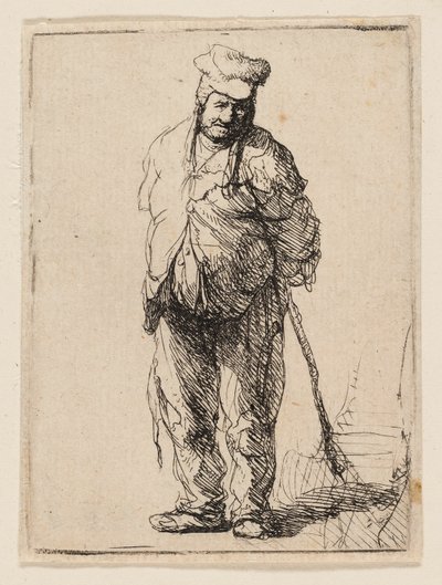 Campesino harapiento con las manos detrás, sosteniendo un palo de Rembrandt van Rijn