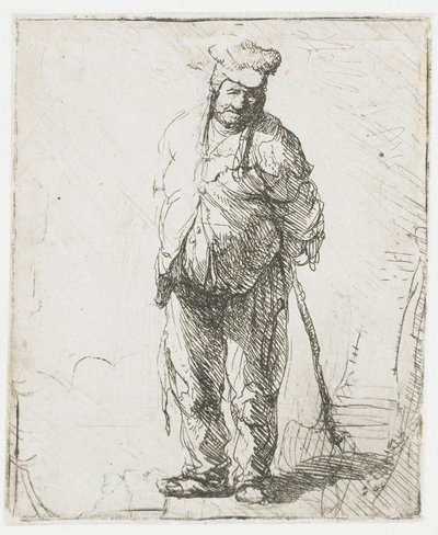 Un campesino harapiento con las manos a la espalda, sosteniendo un palo de Rembrandt van Rijn