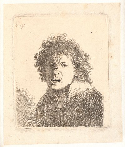 Rembrandt sin sombrero y con la boca abierta, como si gritara: busto de Rembrandt van Rijn