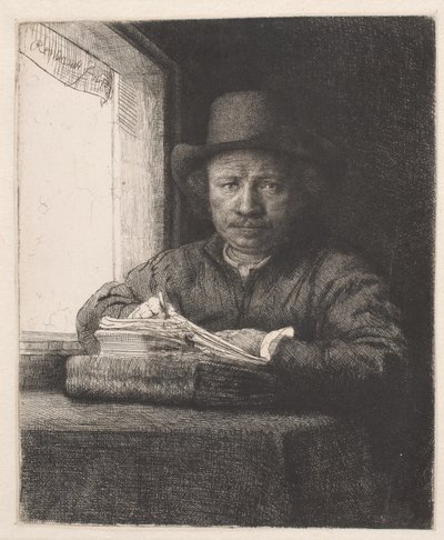 Rembrandt dibujando en una ventana de Rembrandt van Rijn