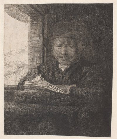 Rembrandt dibujando en una ventana de Rembrandt van Rijn