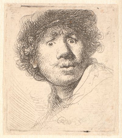 Rembrandt con gorra, boca abierta y mirando: busto en contorno de Rembrandt van Rijn