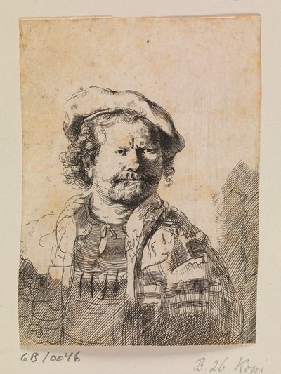Rembrandt con una gorra plana y un vestido bordado de Rembrandt van Rijn