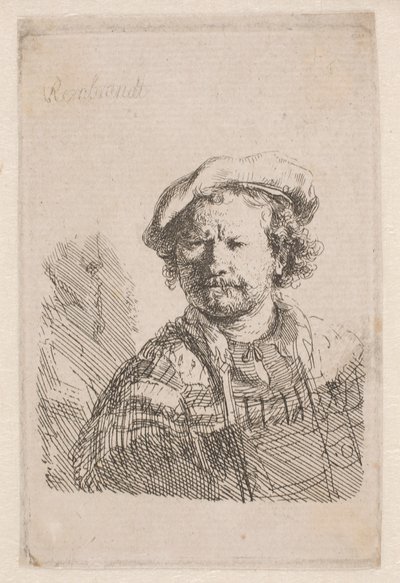 Rembrandt con gorra plana y chal sobre los hombros de Rembrandt van Rijn
