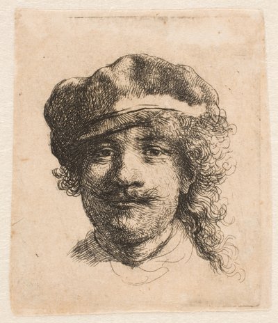 Rembrandt con una gorra blanda: de frente: solo la cabeza de Rembrandt van Rijn