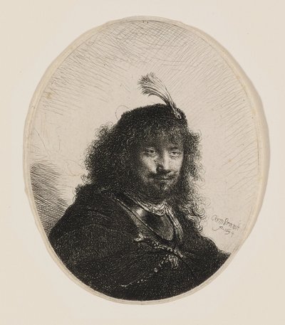 Rembrandt con gorro emplumado y sable bajado de Rembrandt van Rijn