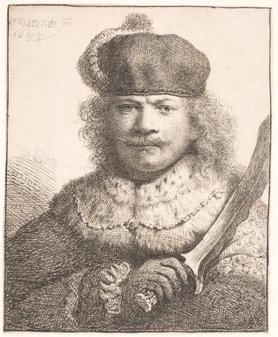 Rembrandt con el sable en alto: retrato de medio cuerpo de Rembrandt van Rijn