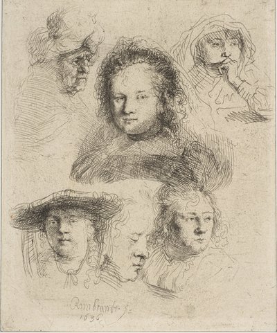 Esposa de Rembrandt y otras cinco cabezas de Rembrandt van Rijn