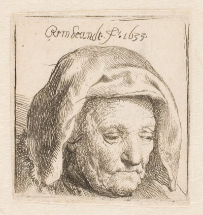 La madre de Rembrandt con un tocado de tela, mirando hacia abajo: solo la cabeza de Rembrandt van Rijn