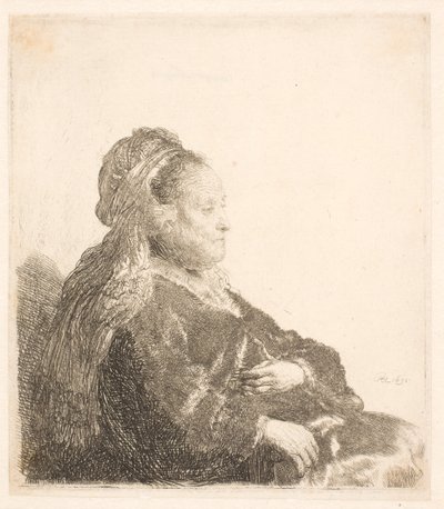 La madre de Rembrandt sentada mirando a la derecha, con un tocado oriental: medio cuerpo, mostrando las manos de Rembrandt van Rijn