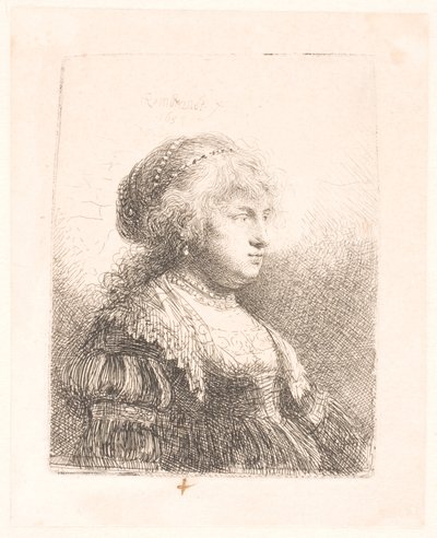 Saskia, la esposa de Rembrandt, con perlas en el pelo, busto de Rembrandt van Rijn