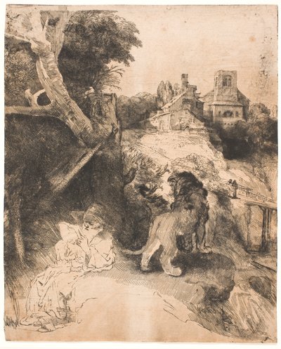 San Jerónimo leyendo, en un paisaje italiano de Rembrandt van Rijn