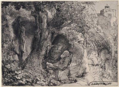 San Francisco rezando bajo un árbol de Rembrandt van Rijn
