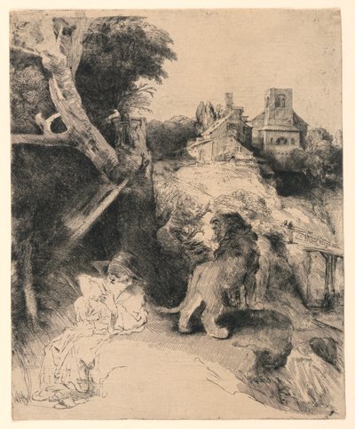 San Jerónimo leyendo en un paisaje italiano de Rembrandt van Rijn