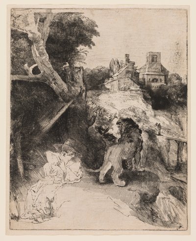 San Jerónimo leyendo en un paisaje italiano de Rembrandt van Rijn