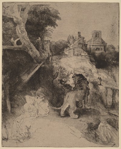 San Jerónimo leyendo en un paisaje italiano de Rembrandt van Rijn