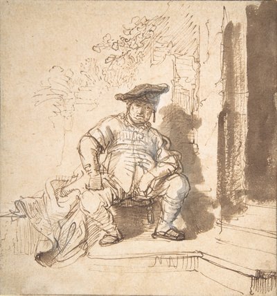 Hombre sentado con gorra plana de Rembrandt van Rijn