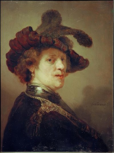 Autorretrato con sombrero de plumas de Rembrandt van Rijn