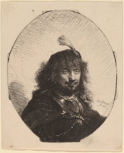 Autorretrato (?) con gorra emplumada y sable bajado de Rembrandt van Rijn