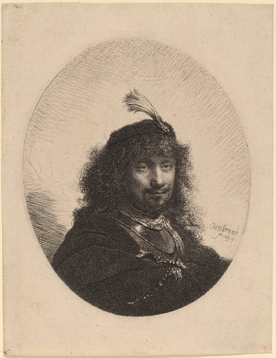 Autorretrato (?) con gorra emplumada y sable bajado de Rembrandt van Rijn
