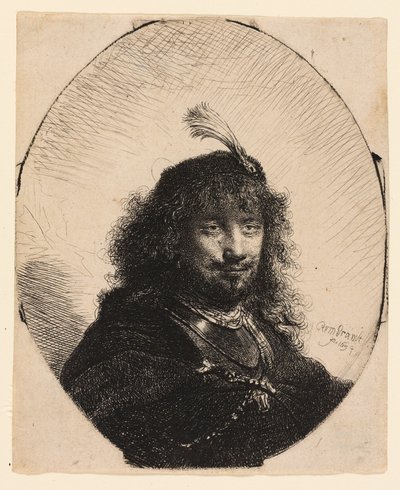 Autorretrato (?) con gorra emplumada y sable bajado de Rembrandt van Rijn