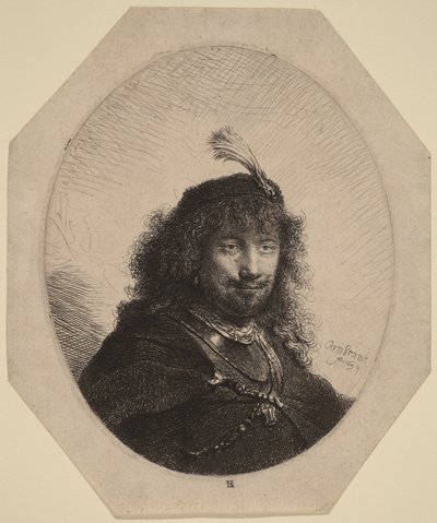 Autorretrato () con gorro emplumado y sable bajado de Rembrandt van Rijn