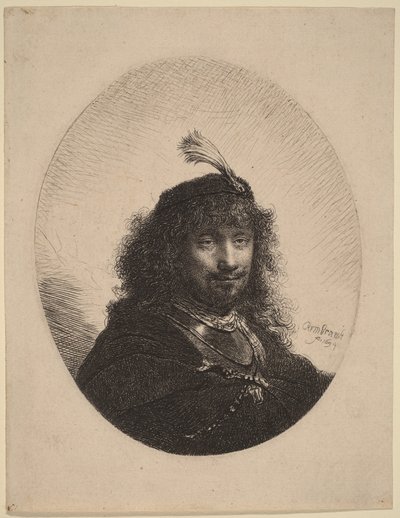 Autorretrato () con gorro emplumado y sable bajado de Rembrandt van Rijn