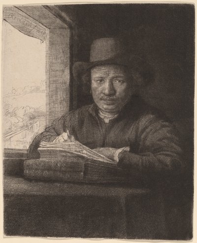 Autorretrato dibujando en una ventana de Rembrandt van Rijn