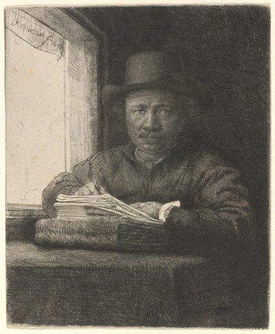 Autorretrato dibujando en una ventana de Rembrandt van Rijn