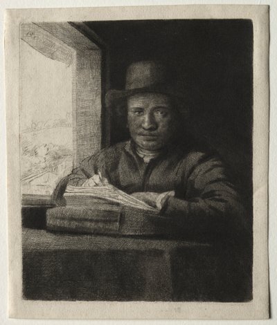 Autorretrato dibujando en una ventana de Rembrandt van Rijn