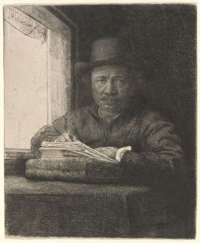 Autorretrato en aguafuerte junto a una ventana de Rembrandt van Rijn