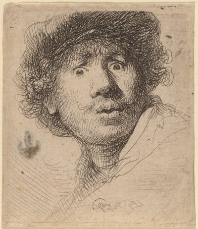 Autorretrato con gorra, boca abierta de Rembrandt van Rijn