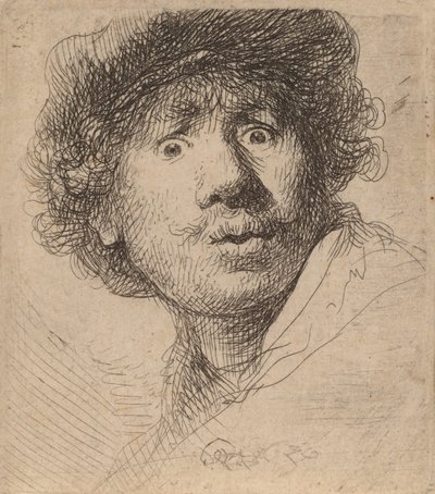 Autorretrato con gorra, boca abierta de Rembrandt van Rijn