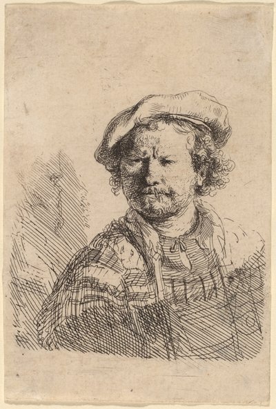 Autorretrato con gorra plana y vestido bordado de Rembrandt van Rijn