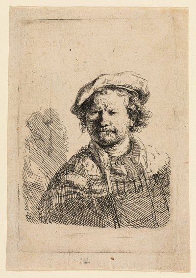 Autorretrato con gorra plana y vestido bordado de Rembrandt van Rijn