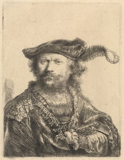 Autorretrato con gorra de terciopelo y pluma de Rembrandt van Rijn