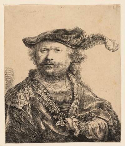 Autorretrato con gorra de terciopelo y pluma de Rembrandt van Rijn