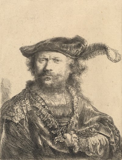 Autorretrato con gorra de terciopelo y pluma de Rembrandt van Rijn