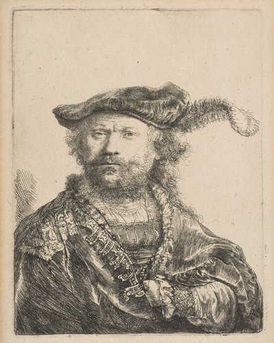 Autorretrato con gorra de terciopelo con pluma, 1638 de Rembrandt van Rijn