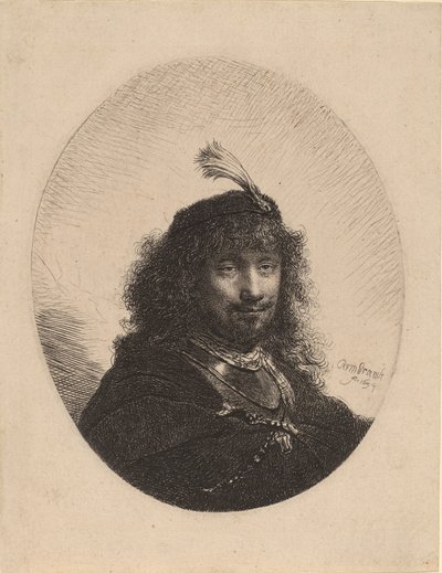 Autorretrato con gorra emplumada y sable bajado de Rembrandt van Rijn