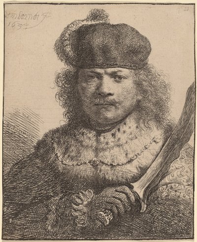 Autorretrato con sable levantado de Rembrandt van Rijn