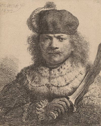 Autorretrato con sable levantado de Rembrandt van Rijn