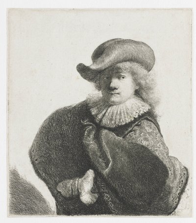 Autorretrato con un sombrero suave y una capa estampada de Rembrandt van Rijn