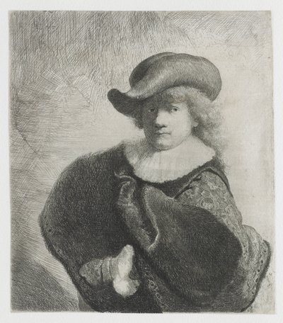 Autorretrato con un sombrero suave y una capa estampada de Rembrandt van Rijn