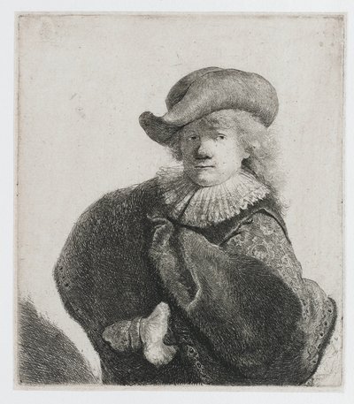Autorretrato con un sombrero blando y una capa estampada de Rembrandt van Rijn