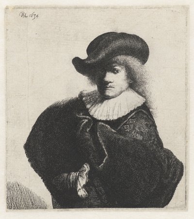 Autorretrato con sombrero blando y capa bordada, 1634 de Rembrandt van Rijn