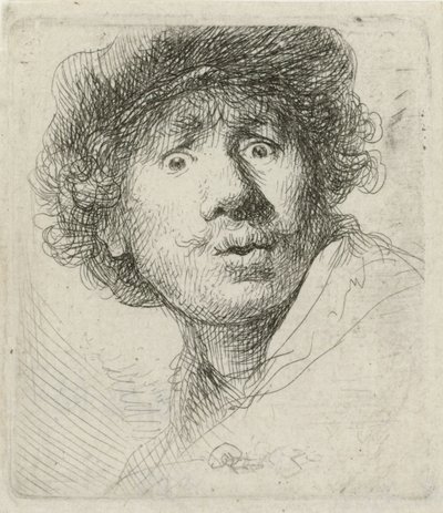 Autorretrato con boina y ojos abiertos de Rembrandt van Rijn
