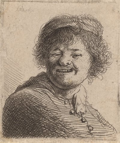 Autorretrato con gorra riendo, 1630 de Rembrandt van Rijn