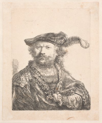 Autorretrato con Gorro de Terciopelo y Pluma, con un Vestido Bordado: busto de Rembrandt van Rijn